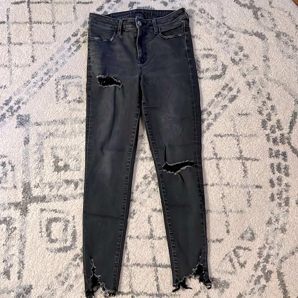 American Eagle High Rise Black Wash Distressed Skinny Jeans Next Level Stretch